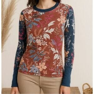 Sundance Bellport Floral Thermal Top Womens Large Rust Blue Waffle Knit Boho